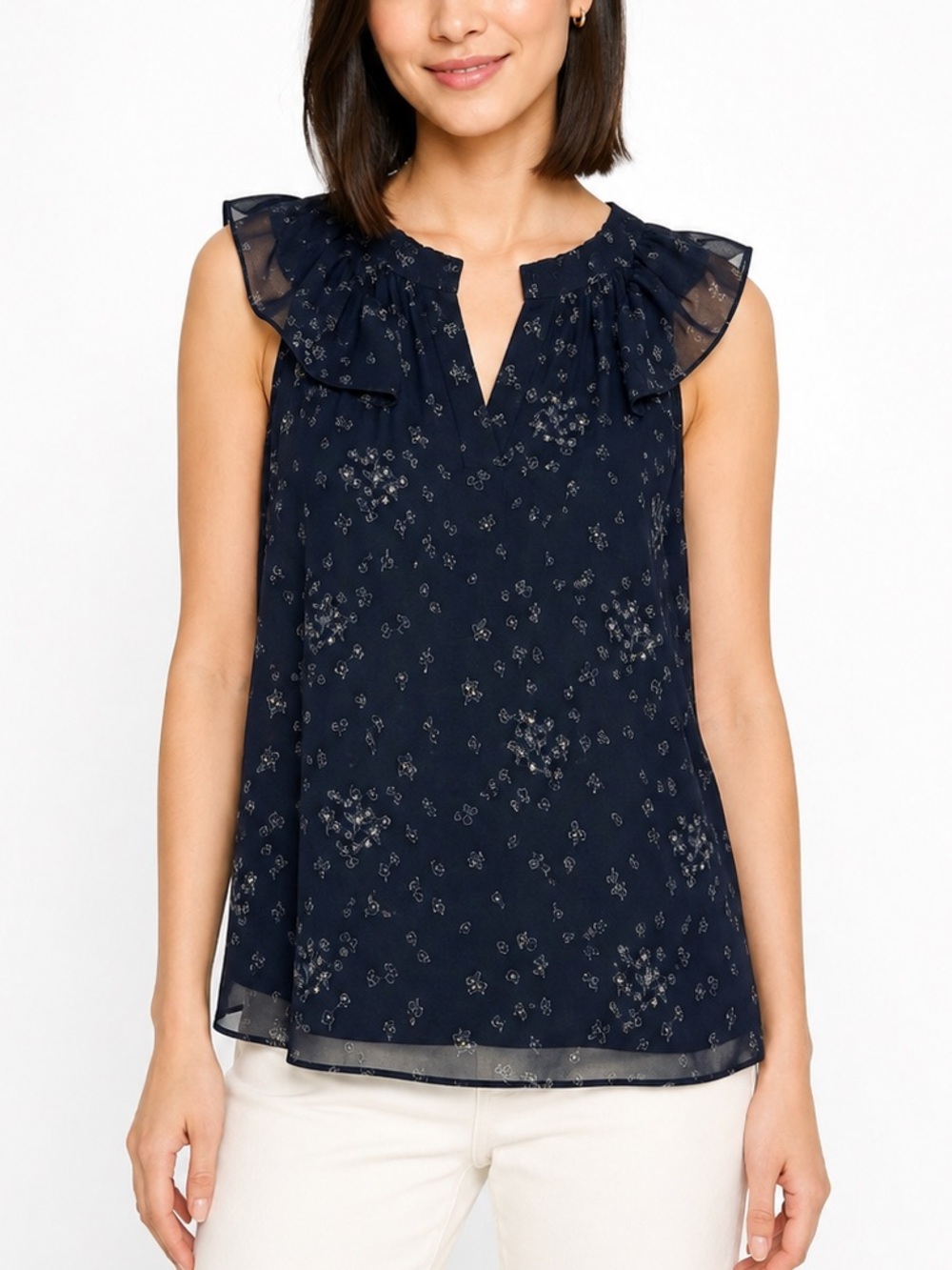 Cabi Navy Blue Floral Ruffle Sleeveless Blouse Sheer Layered Casual Boho Top L